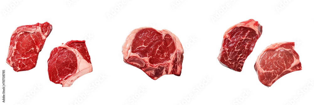 3 different cuts of premium steak, each marbled to perfection, highlighting the art of butchery, isolated on transparent background 3 different cuts of premium steak, each marbled to perfection, highlighting the art of butchery, isolated on transparent background