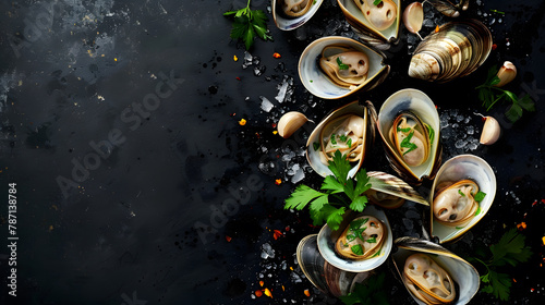 Steamed shellfish Clams with garlic and herbs Black background Top view Copy space : Generative AI
