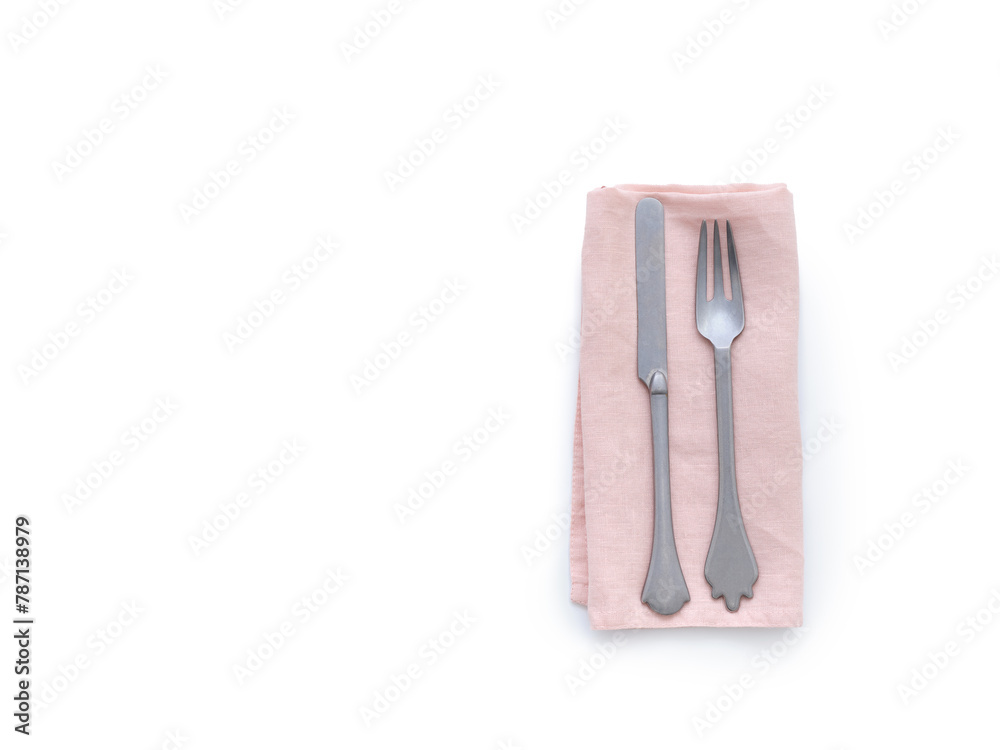 Flat lay with pink linen kitchen napkin isolated on white background. Folded cloth for mockup Flat lay with pink linen kitchen napkin isolated on white background. Folded cloth for mockup