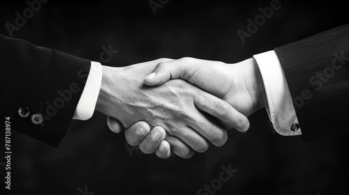A black and white image of two partners shaking hands.