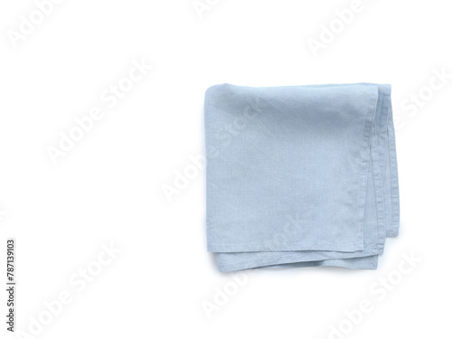 Flat lay with blue linen kitchen napkin isolated on white background. Folded cloth for mockup