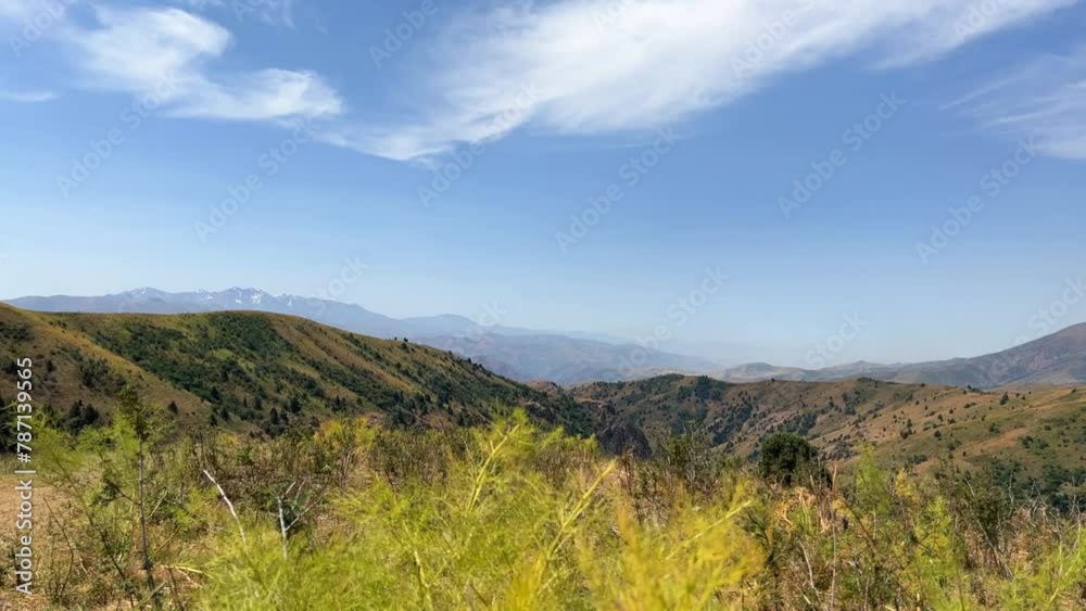 The mountain system of the Western Tien Shan in Uzbekistan. Panorama of the Western Tien Shan on the Angren plateau, Tashkent region. Promising orange mountains in the Western Tien Shan. 4K The mountain system of the Western Tien Shan in Uzbekistan. Panorama of the Western Tien Shan on the Angren plateau, Tashkent region. Promising orange mountains in the Western Tien Shan. 4K