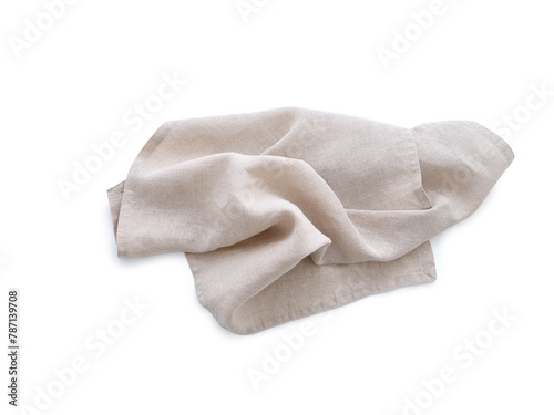 Flat lay with beige linen kitchen napkin isolated on white background. Folded cloth for mockup
