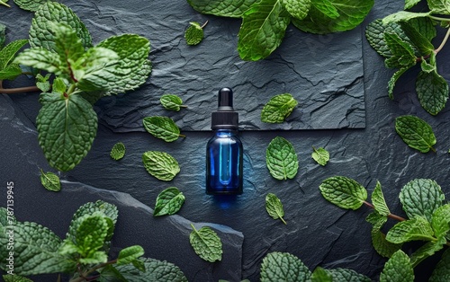 A bottle of essential oil is surrounded by green leaves
