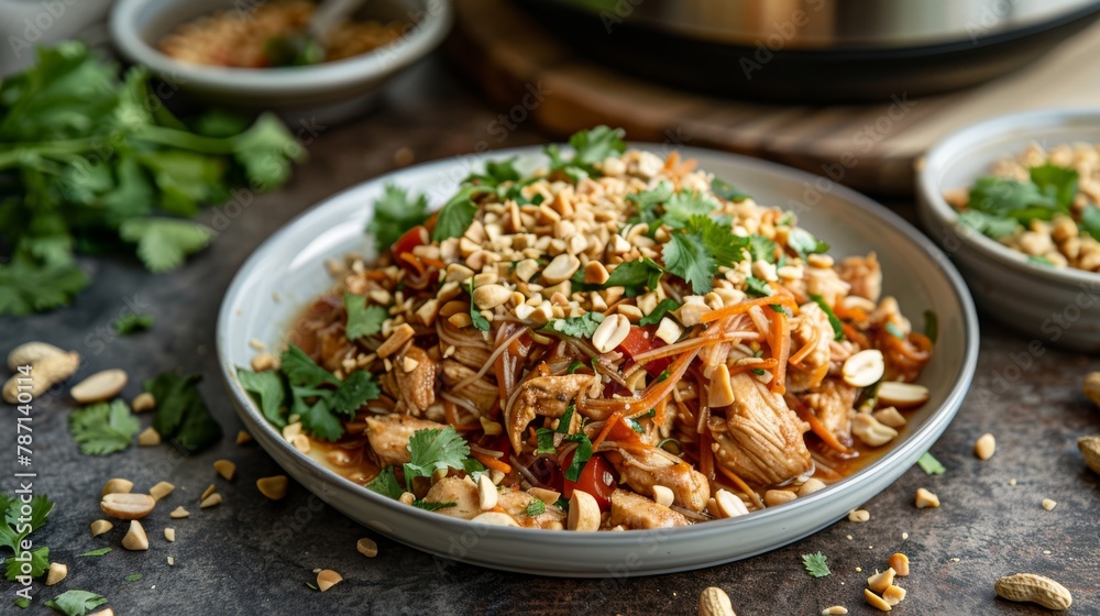 A flavorful Asian noodle salad with chicken, vegetables, and a crunchy peanut topping served in a grey bowl. A flavorful Asian noodle salad with chicken, vegetables, and a crunchy peanut topping served in a grey bowl.