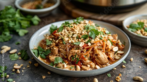 A flavorful Asian noodle salad with chicken, vegetables, and a crunchy peanut topping served in a grey bowl.