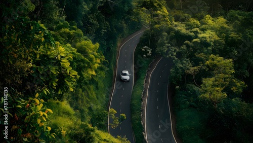 Road surrounded by a lush, dense forest. A solitary car drives along the road, emphasizing its narrowness amidst the abundant greenery