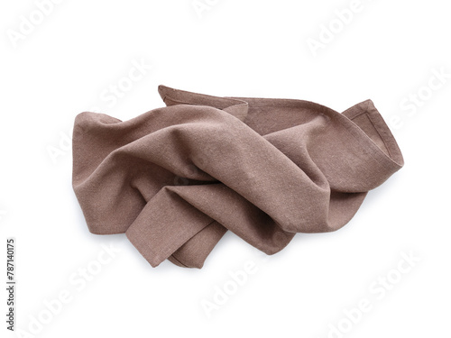 Overhead shot of a brown linen kitchen napkin isolated on white background. Folded cloth for mockup