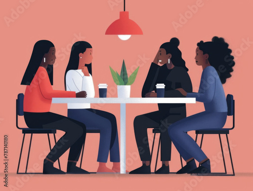 Four women are sitting around a table chatting over coffee in a stylized illustration.
