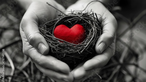 A bird nest with red heart is held by both women and men. On an isolated toned background, the image depicts the concept of love and marital bliss. It is in black and white.