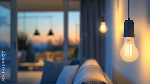 Closeup of a smart lighting system with builtin sensors utilizing AI to adjust the brightness and color temperature according to the natural light available in the room. . photo