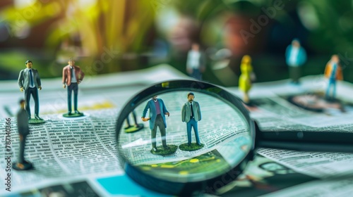 Business recruiting or hiring photo concept. Icons of candidates are standing on an open newspaper under a magnifying glass. photo