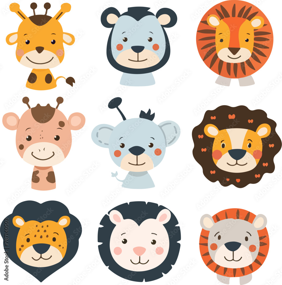 Set of avatars representing different animals. Colourful and attractive animal illustration in vectorial, isolated on white background, zoo animals