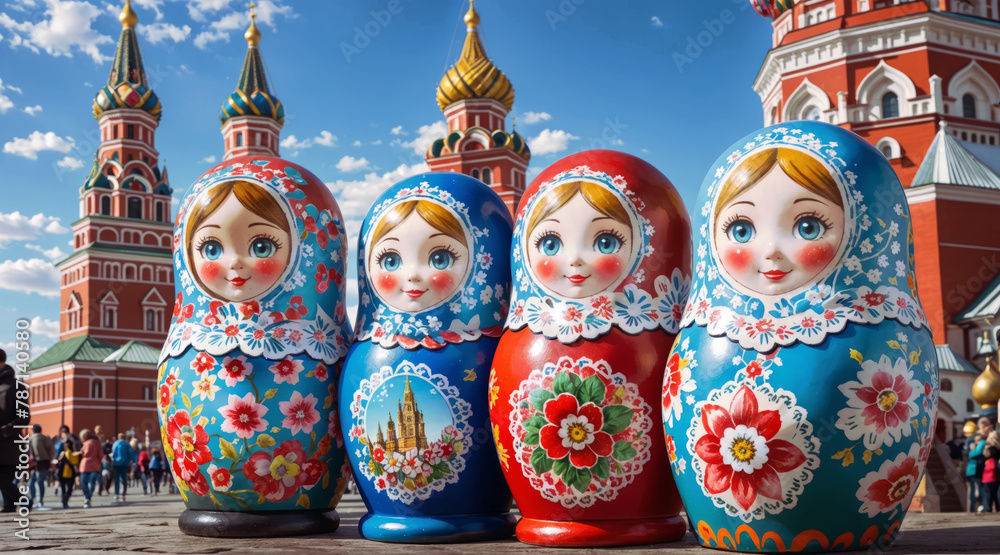 Fototapeta premium Matryoshka dolls on the background of Moscow. AI