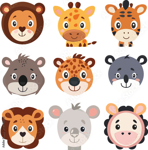 Set of avatars representing different animals. Colourful and attractive animal illustration in vectorial, isolated on white background, zoo animals