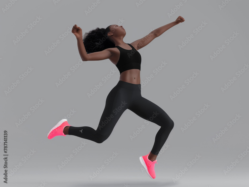 A woman in sportswear is captured mid-jump against a neutral background, depicting motion and fitness.