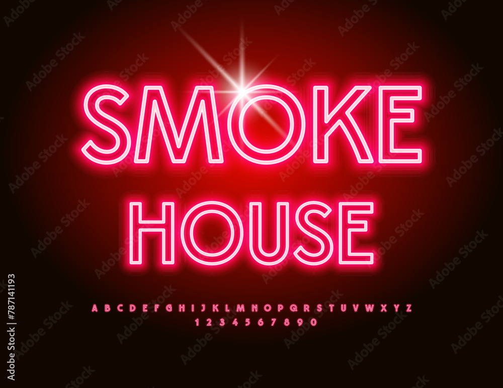 Vector neon logo Smoke House with Red illuminated Font. Bright electric Alphabet Letters and Numbers set.