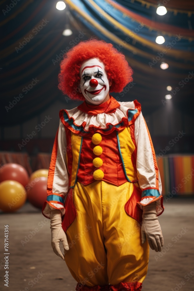 Joyful Clown in Colorful Costume at Circus Arena