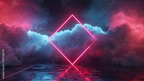 Vibrant Neon Triangle Amidst Stormy Clouds