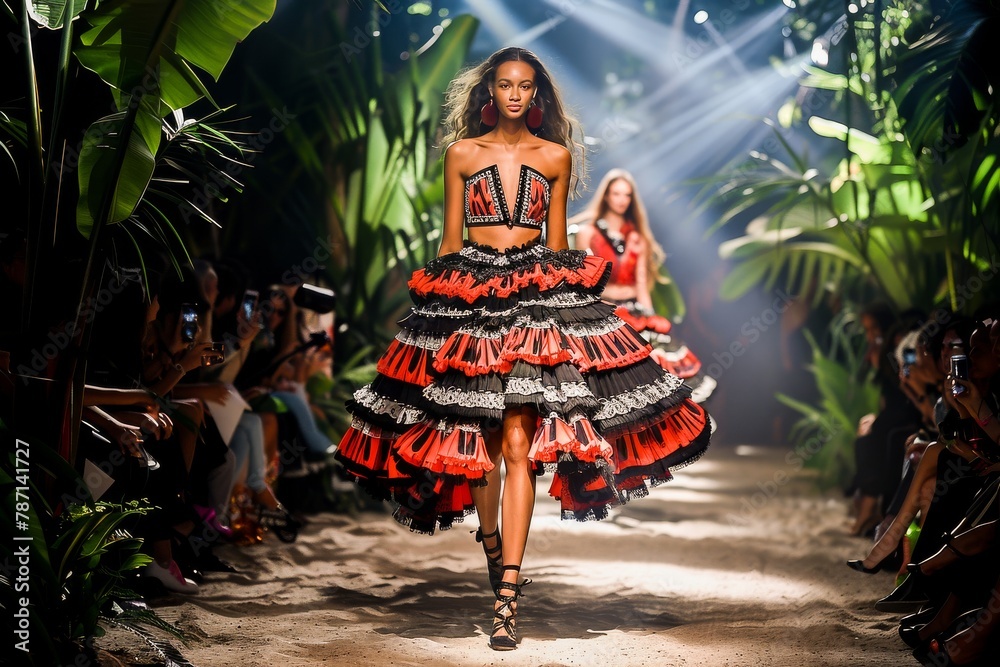 Elegant model on runway at fashion show presenting a stylish designer dress surrounded by tropical plants and audience. Elegant model on runway at fashion show presenting a stylish designer dress surrounded by tropical plants and audience.