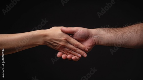Image. Concept of love, friendship, and care between the hands of a man and woman. On a black background. Image. Man and woman are connected to one another by the hands.