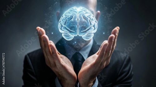 The brain in the head of a thinking individual is protected by two hands. A concept related to intellectual property.