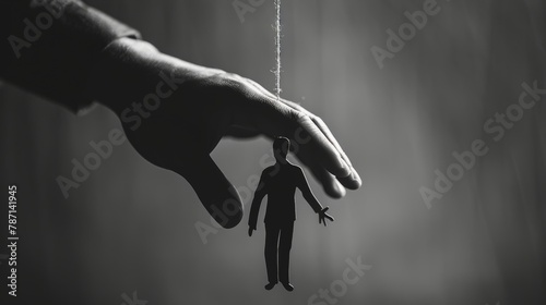 A black and white image depicts a marionette in a human hand.