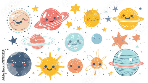 Hand drawn solar system with cute faces. Vector set.