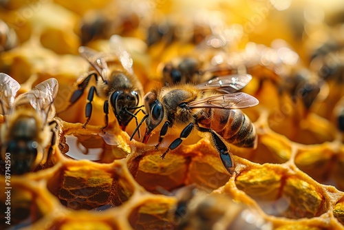 Bees with detailed texture captured working on the honeycomb in intense golden light
