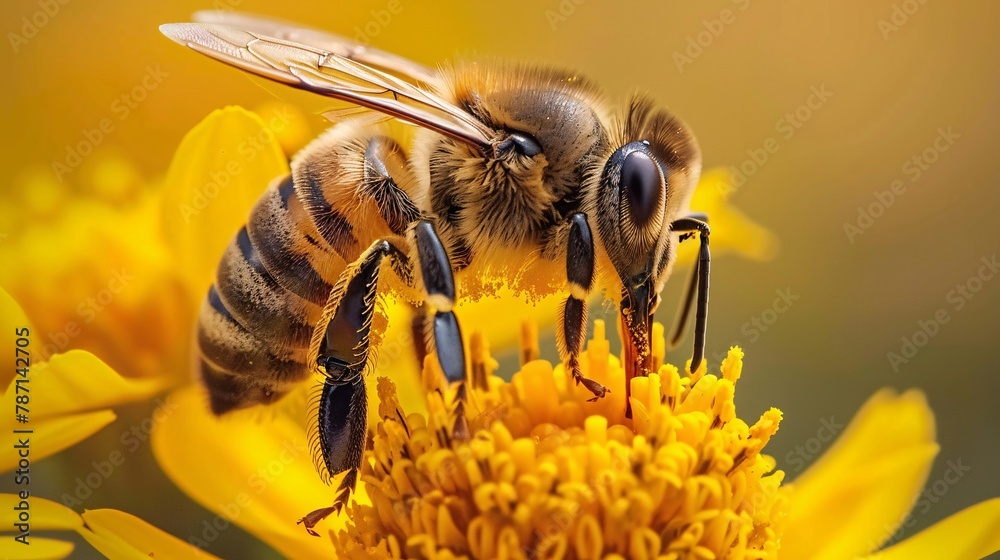 Close up of a bee on a yellow flower. Macro shot. Close up of a bee on a yellow flower. Macro shot.