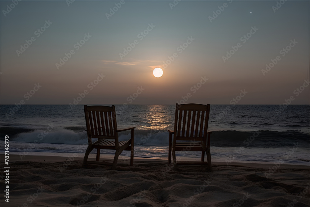 Two chairs on the beach looking to the sea, the sun hidden in the clouds in the sky, romantic atmosphere. Beach and the sea view.