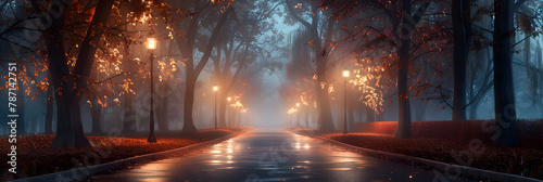 Autumn foggy city street with road and lanterns 3d rendering An empty illuminated country asphalt road through the trees and village in a fog on a rainy autumn day. 