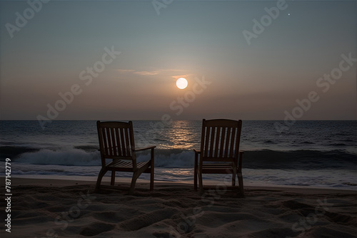 Two chairs on the beach looking to the sea, the sun hidden in the clouds in the sky, romantic atmosphere. Beach and the sea view. © Liubov