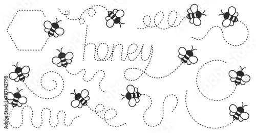 Cartoon flying bee on a dotted route path. Black and white insect illustration isolated on background.