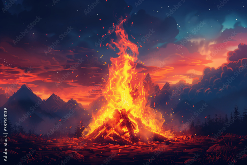 A dramatic bonfire blazes under the twilight sky, with sparks dancing into the dusk, set against the majestic backdrop of towering mountains – an illustration evocative of the Beltane fire festival