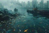 This image depicts a polluted water body with trash floating and ships, showcasing the environmental issues facing urban areas
