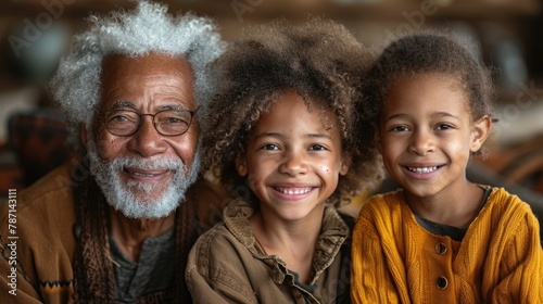 Elderly man with white hair and two children smiling. Close-up portrait with warm tones. photo