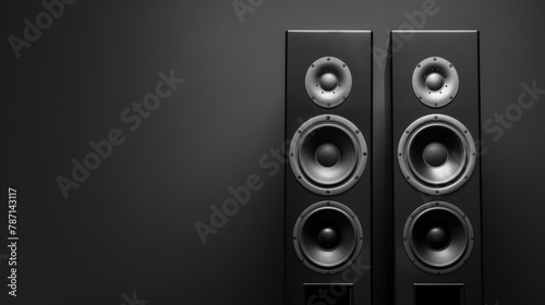 Black background with two sound speakers separated by free space.