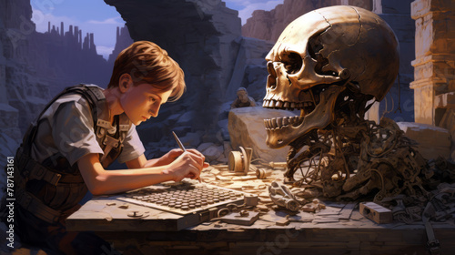 young archaeologist decyphering a code in front of a large skull photo