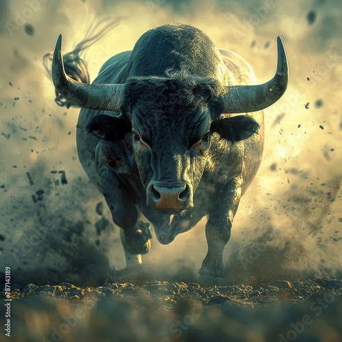 Charging bull captured in midmotion, powerful stance, cool tones, highspeed camera shot  photo