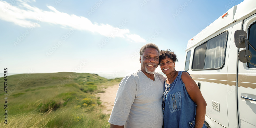 Smiling Senior African American Couple in Front of Their Camper Van on a Sunny Day at the Beach Smiling Senior African American Couple in Front of Their Camper Van on a Sunny Day at the Beach