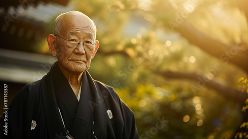 A photograph of a dignified elderly man, adorned in traditional Japanese kimono photo