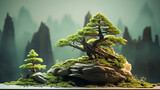 bonsai pines growing on rock with mountain background