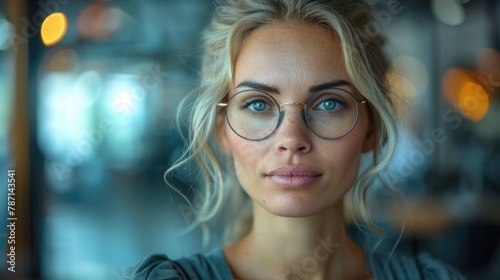 Young woman with blue eyes wearing round glasses.