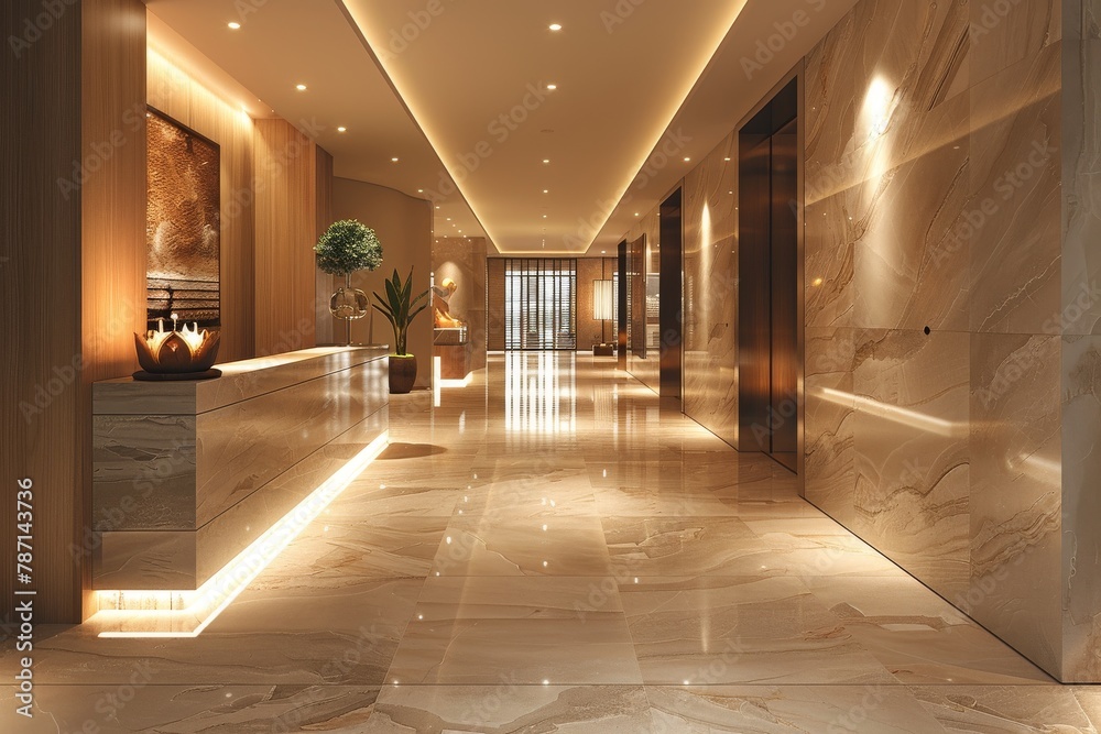 This image shows a spacious hotel lobby with sleek marble flooring and soft lighting that creates an atmosphere of luxury This image shows a spacious hotel lobby with sleek marble flooring and soft lighting that creates an atmosphere of luxury