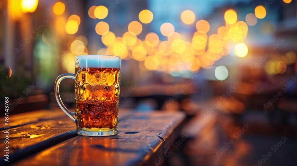 Glass of beer on wooden table with bokeh light background.