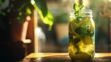 Mason jar with lemonade of lemon and mint infused water on a wooden table with sunlight and blurred green background. Healthy lifestyle and summer refreshment concept. Design for menu, poster, banner.