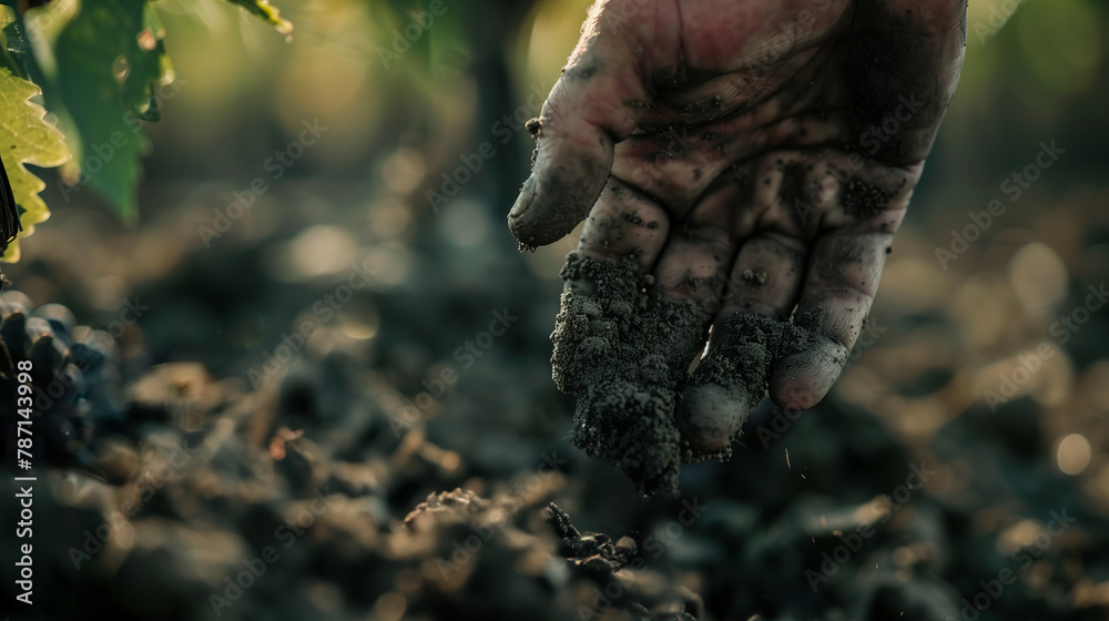 Hand touching soil in vineyard at sunset. Agriculture and viticulture concept. Design for wine industry, educational agricultural content. Hand touching soil in vineyard at sunset. Agriculture and viticulture concept. Design for wine industry, educational agricultural content.