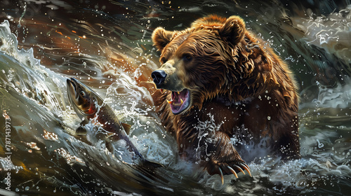 Brown bear catching fish in a river, dynamic wildlife scene with splashing water. Digital painting artwork. Nature and wildlife concept. Design for educational materials, wildlife conservation posters