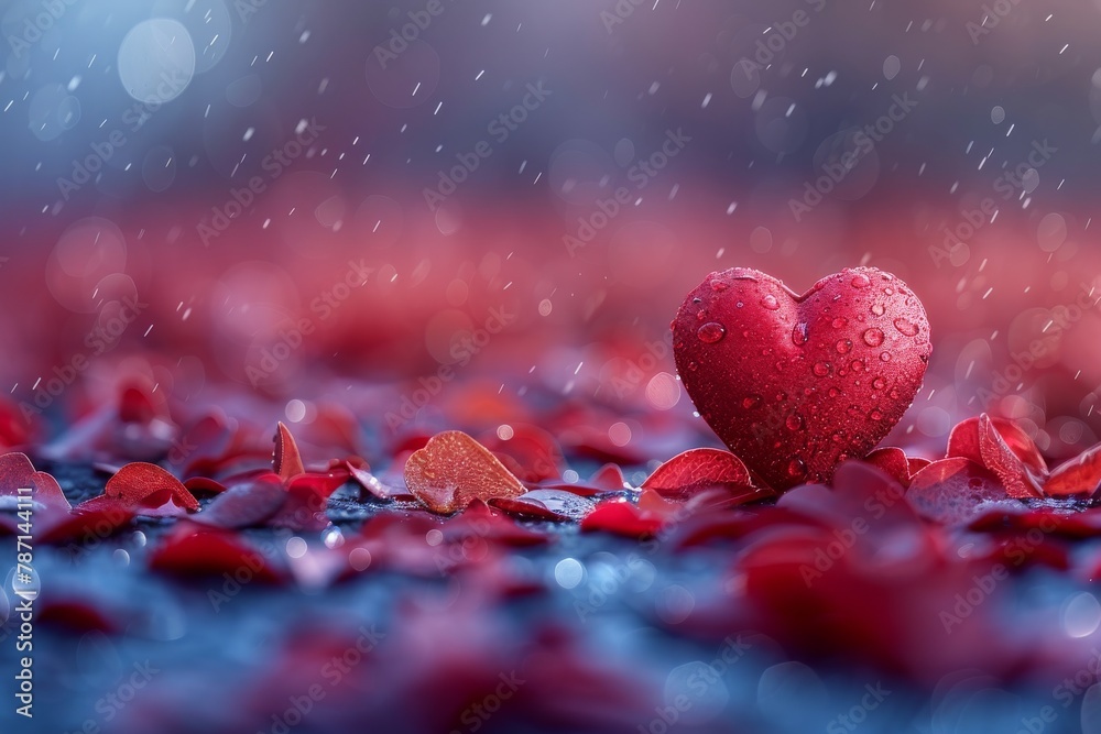 A solitary red heart on wet rose petals creates a powerful visual metaphor for love's endurance